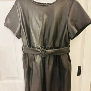 Girls Classic Black Faux Leather Belted Dress